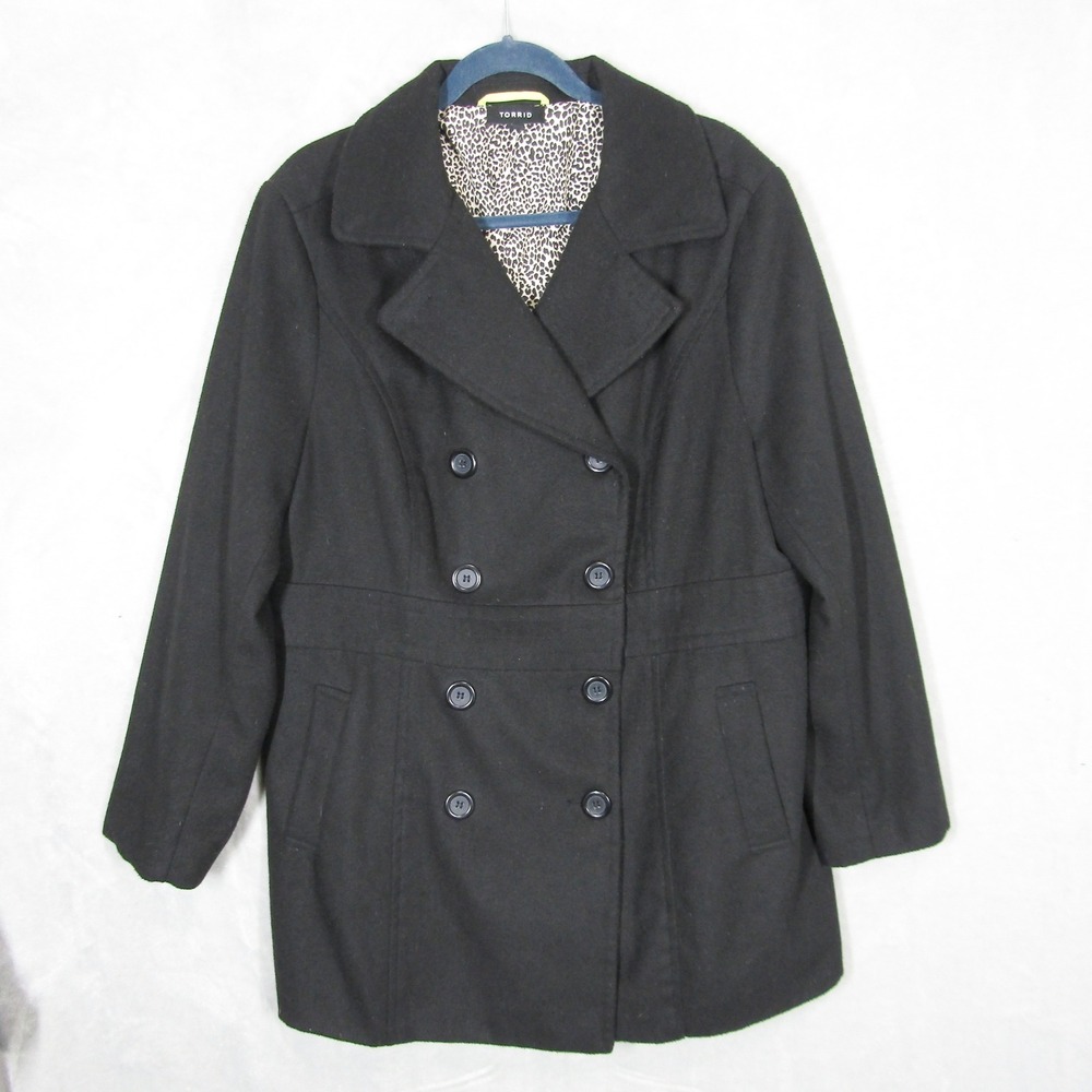 Torrid Coat Size 2X Black Double Breasted Wool Blend Peacoat Coat Leopard Lined